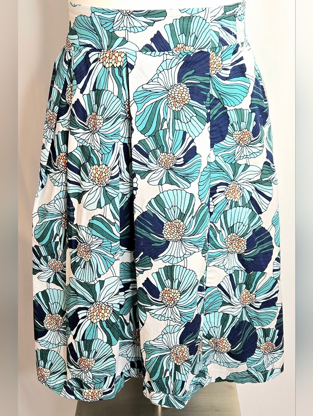 iAnn Taylor LOFT Teal & White Floral Pleated A-Line Midi Skirt Small NWOT